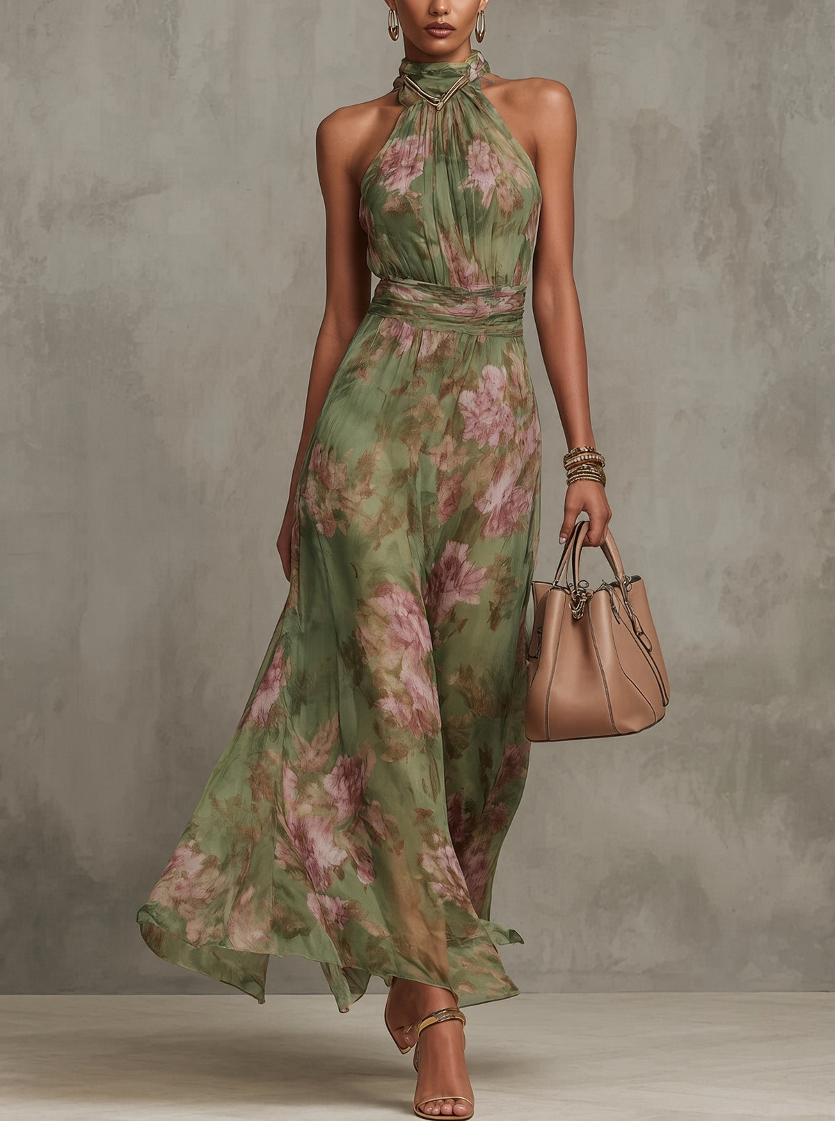 LIVIA | ELEGANTE VESTIDO LARGO HALTER CON ESTAMPADO FLORAL