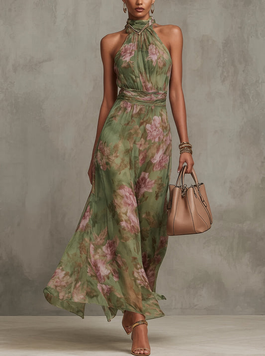LIVIA | ELEGANTE VESTIDO LARGO HALTER CON ESTAMPADO FLORAL
