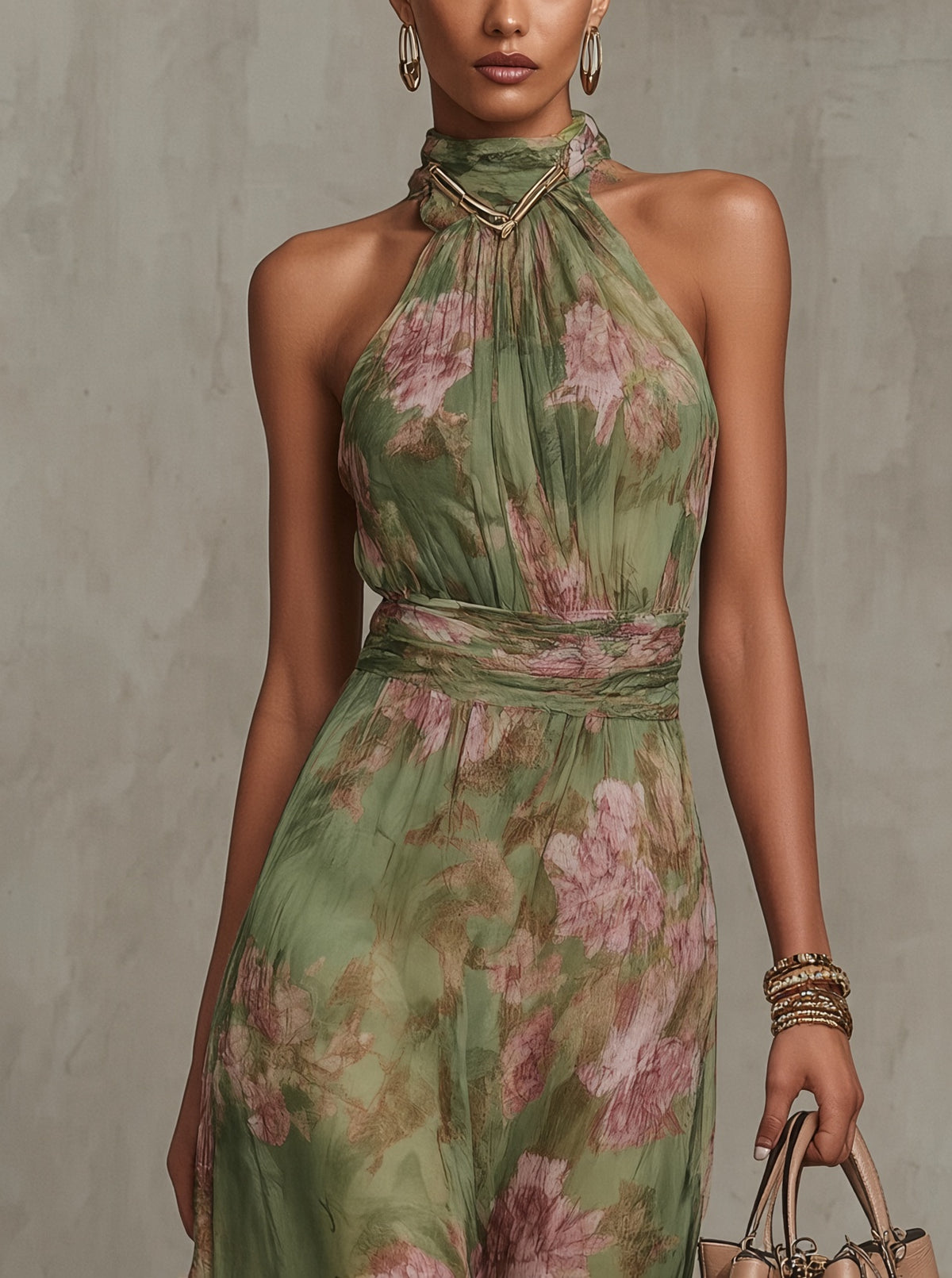 LIVIA | ELEGANTE VESTIDO LARGO HALTER CON ESTAMPADO FLORAL