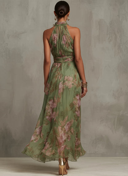 LIVIA | ELEGANTE VESTIDO LARGO HALTER CON ESTAMPADO FLORAL